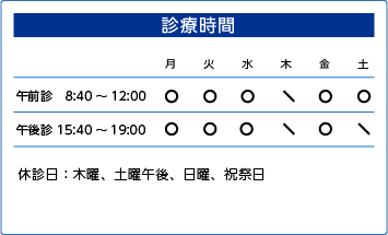 中内整形外科診療時間
午前診9：00～12：00
午後診16：00～19：00
休診日：木曜・土曜の午後、日曜・祝祭日
内視鏡検査 要予約